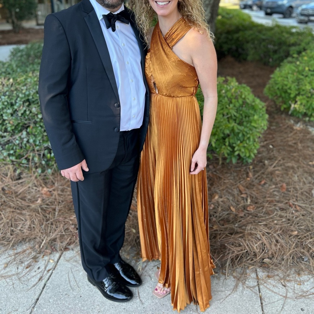 Lizard Thicket Verona Gold Pleated Satin Maxi Dress